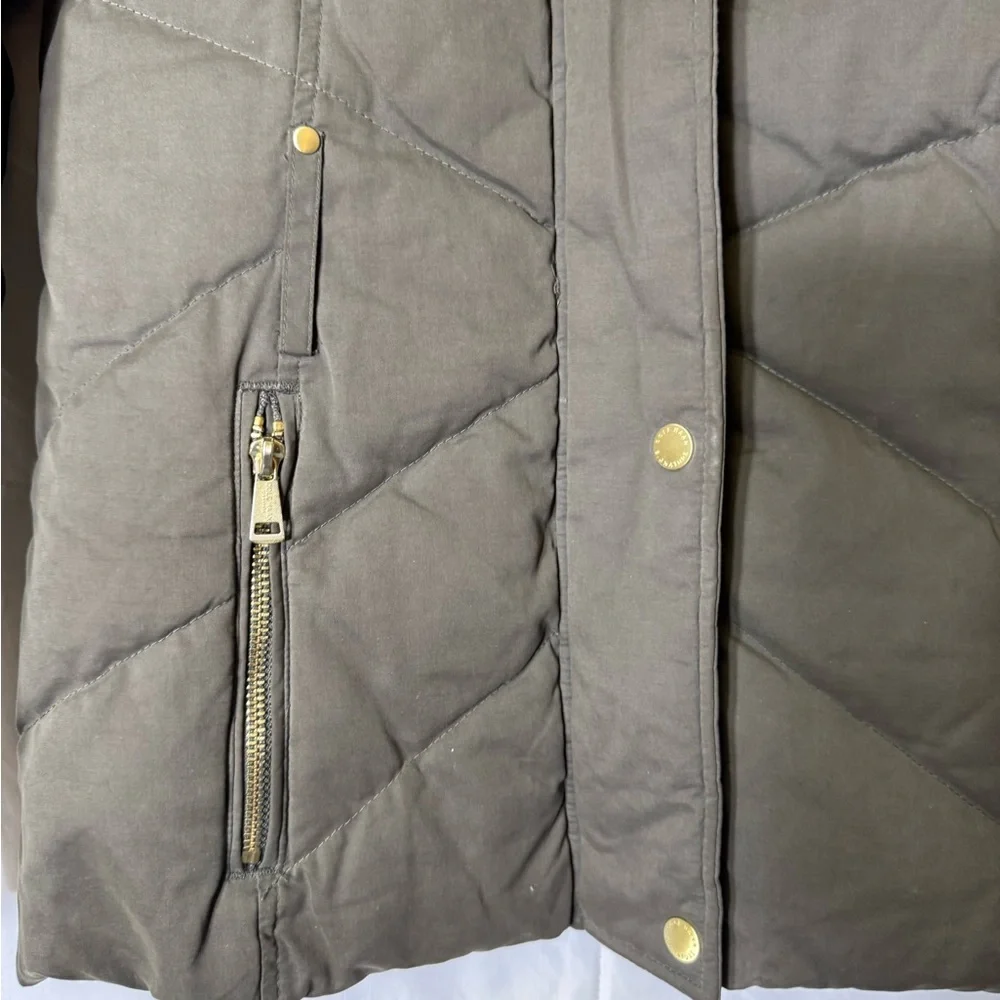 Cole Haan Signature Olive Down Puffer Jacket XS | Gold Zip Hooded‎ Quilted Coat